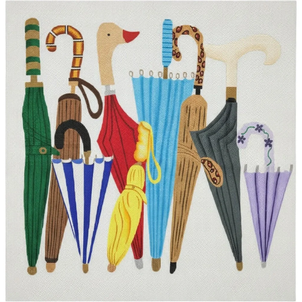 Vintage Anne Brinkley Umbrellas on Parade Hand Painted Needlepoint Canvas Large